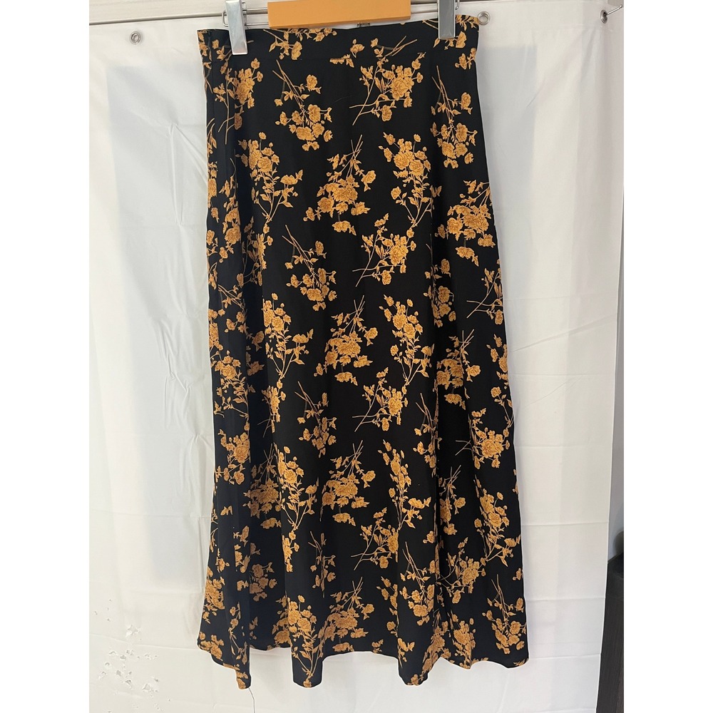 Black Mustard Floral Maxi Skirt High Waisted A-Line Size M